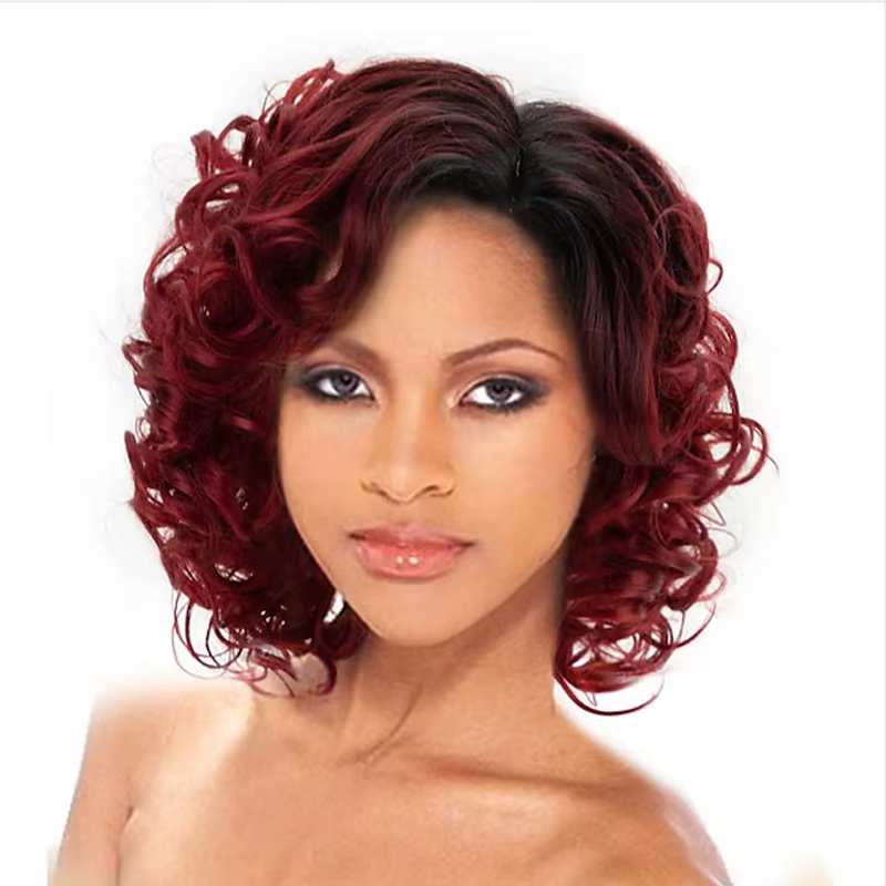 HAIRJOY cheveux synthétiques courts bordeaux bouclés perruques pour femmes Ombre vin rouge perruque 