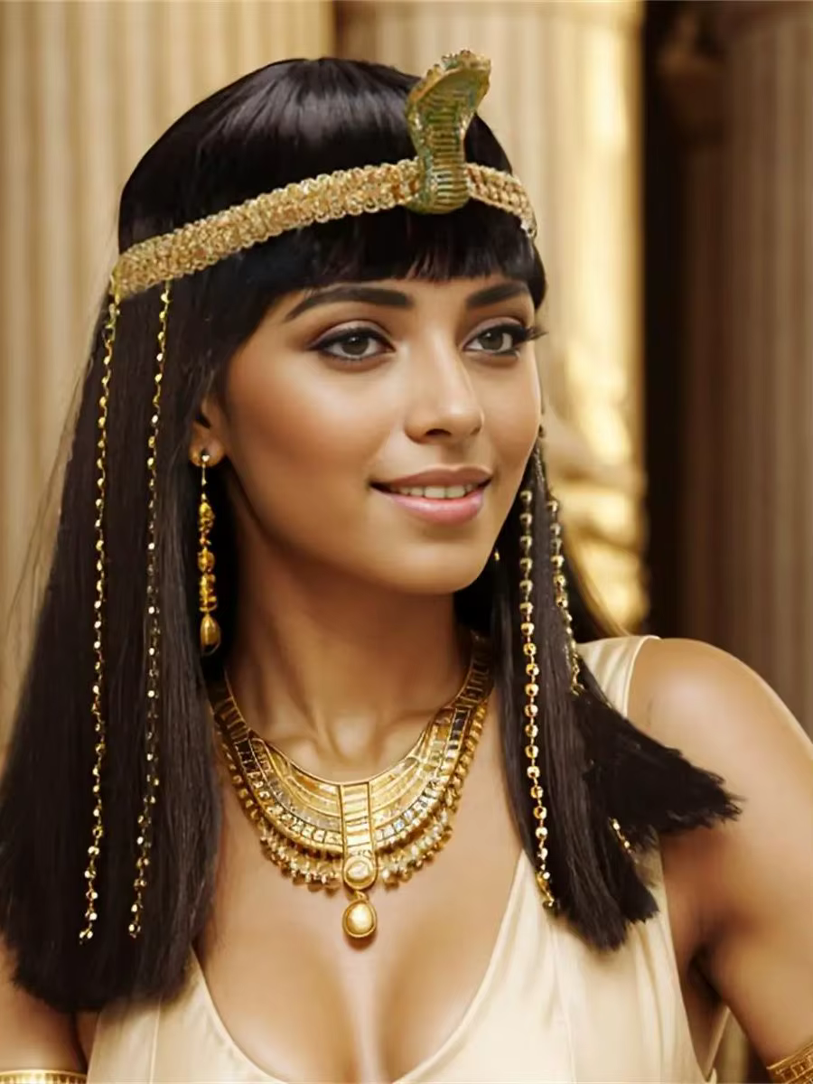 Perruque synthétique noire droite avec perles serpent et pompons, style Cléopâtre, pour Halloween, c
