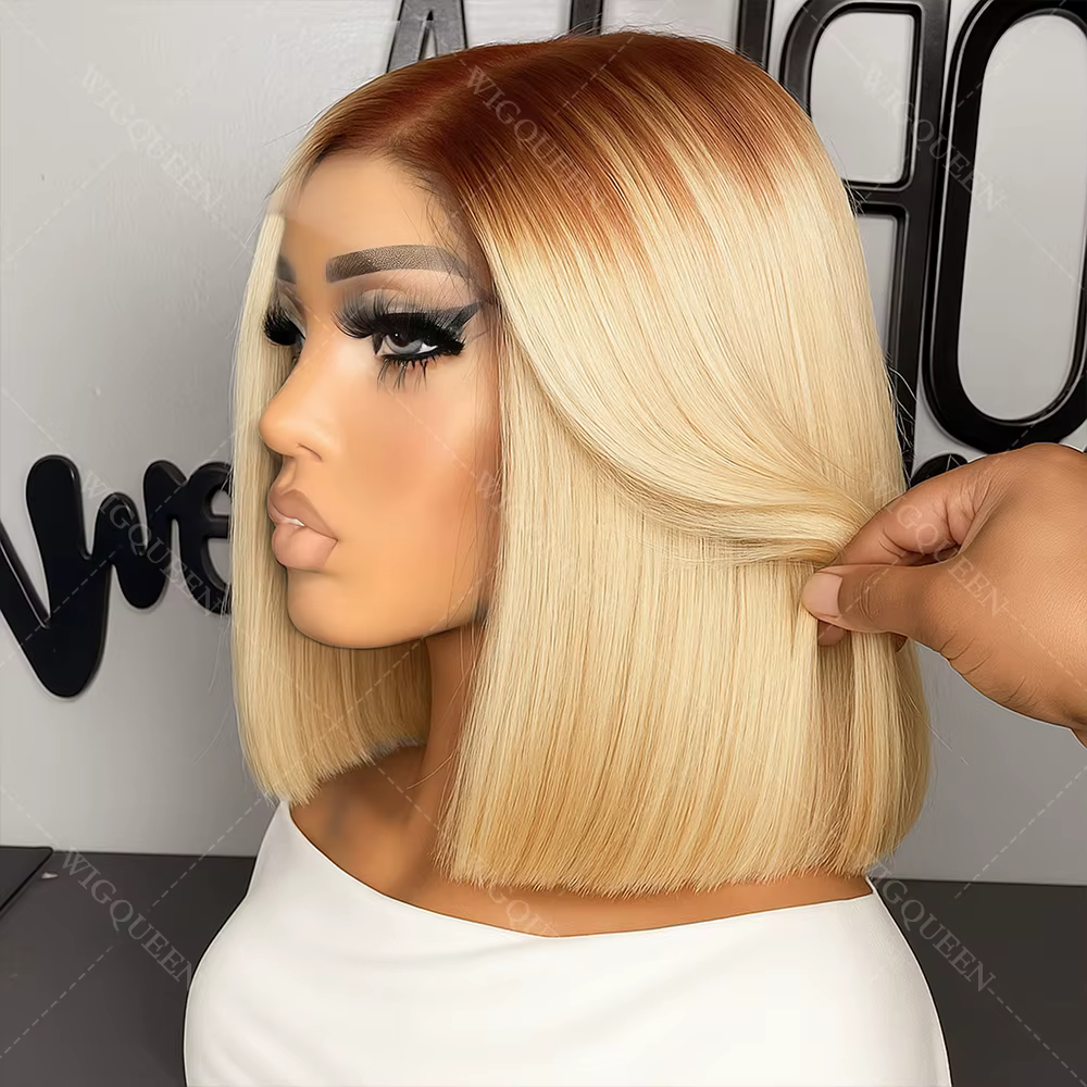Perruque Bob Lace Front Wig naturelle lisse, cheveux courts à reflets, racines foncées, 13x4, couleu