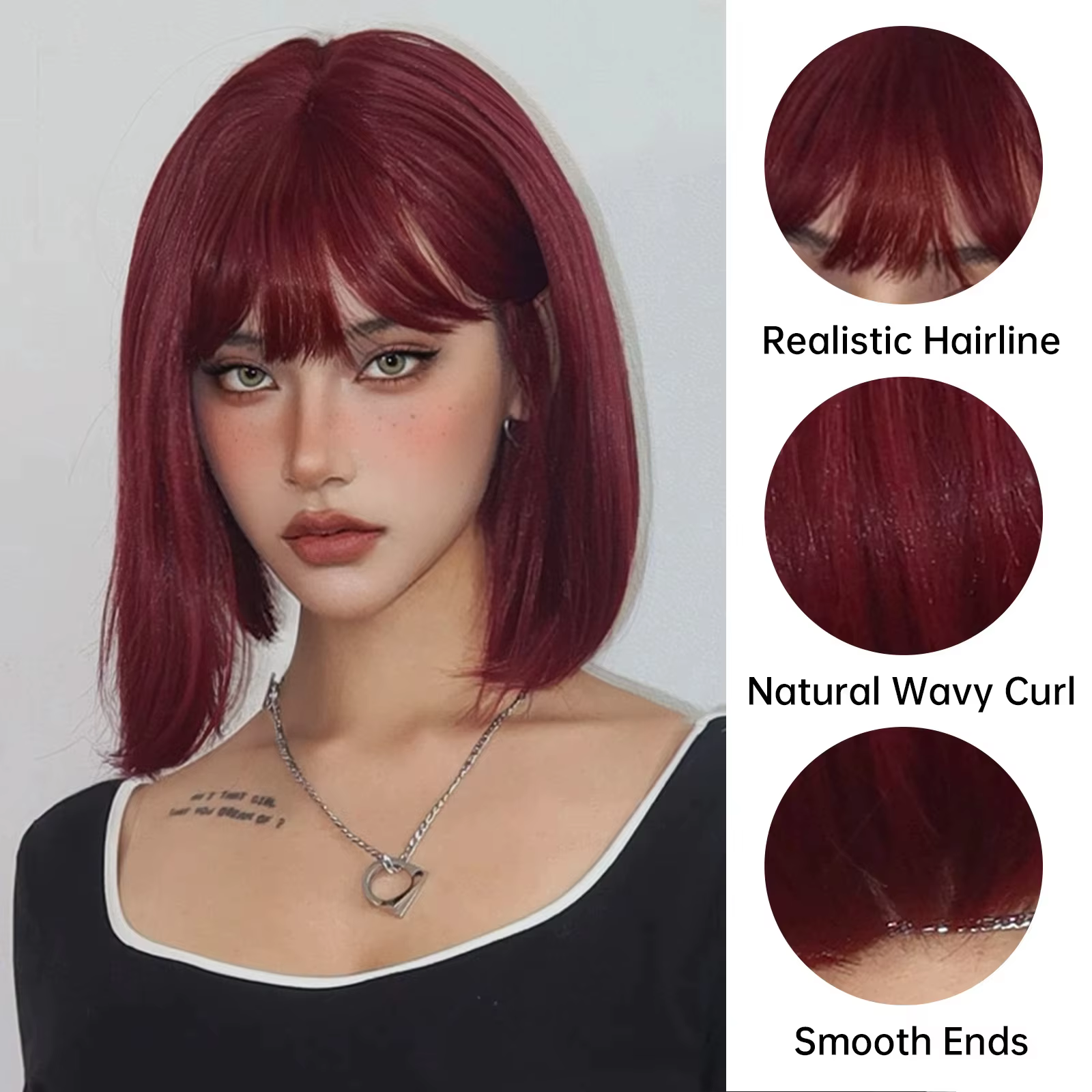 Perruque synthétique courte Bob bordeaux avec frange, faux cheveux rouge vin pour Cosplay, perruques