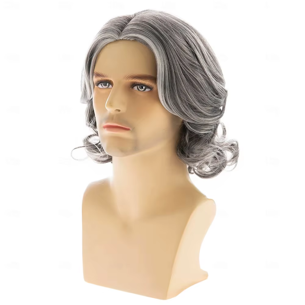 HAIRJOYMens perruque grise courte ondulée Bob perruque synthétique Cosplay fête remplacement perruqu
