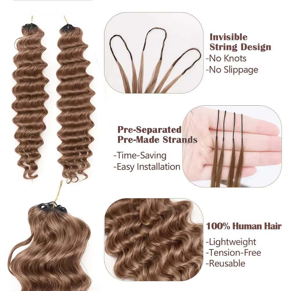 Extensions de cheveux humains en crochet à plumes blondes, sans nœuds, vague profonde lâche, légères