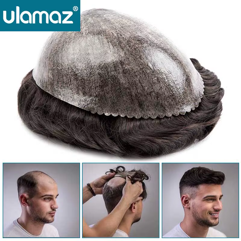 Perruque homme cheveux humains injecté toupet cheveux hommes noeud gratuit Microskin mâle cheveux pr