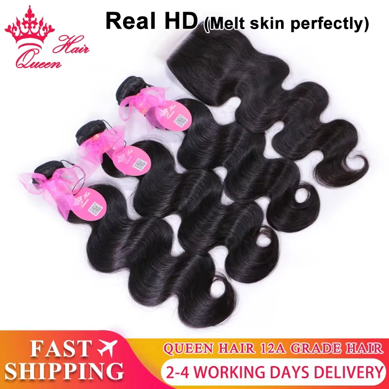 Queen Hair Body Wave Bundles With Real HD Invisible Lace Closure Frontal 4x4 5x5 6x6 13x4 13x6 100% 