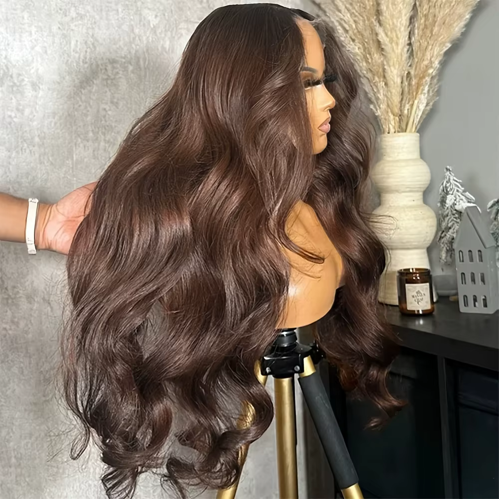 Perruque Lace Front Wig Body Wave brun chocolat, cheveux naturels, densité 220, 30 pouces, 13x6, HD,
