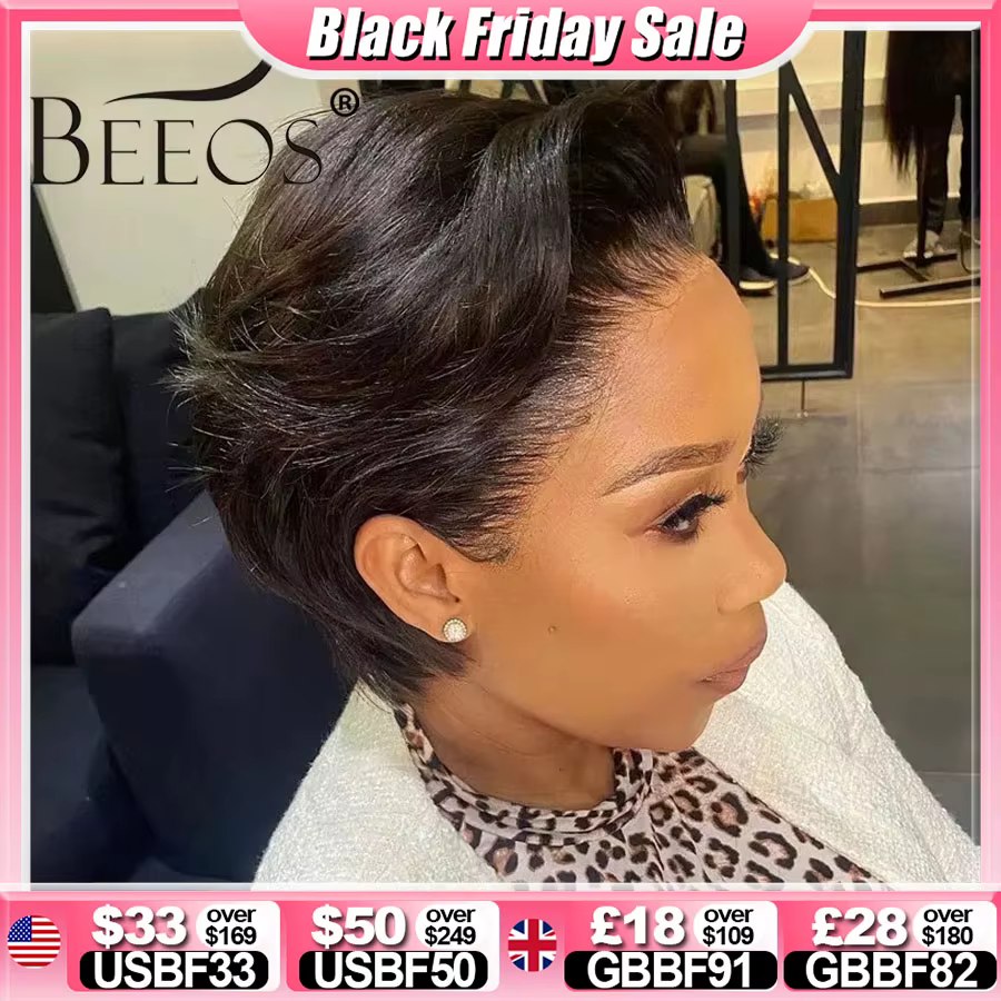 Perruque Bob Lace Wig Naturelle Lisse, Cheveux Courts, Coupe Pixie, 13x4 HD, Pre-Plucked, 250% de De