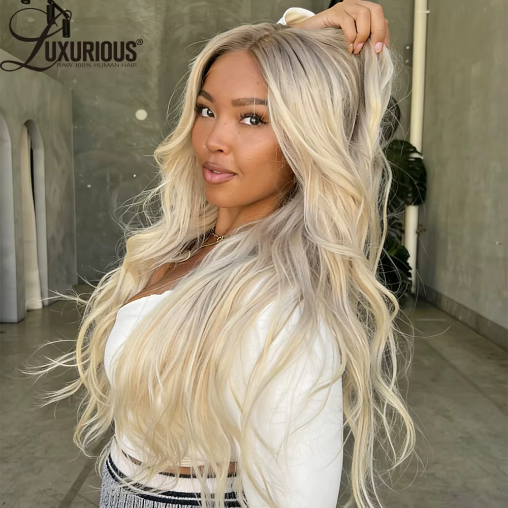 Perruque de salon en cheveux humains blond cendré à ondulations naturelles, densité 250%, Remy, pré-