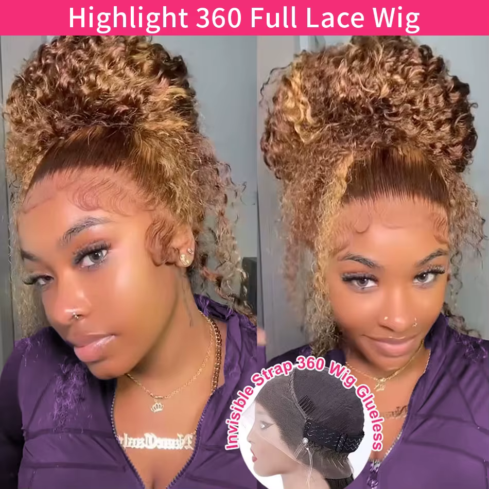 Perruque Lace Front Wig 360 naturelle bouclée, cheveux humains, pre-plucked, Hd, Deep Wave, avec cor