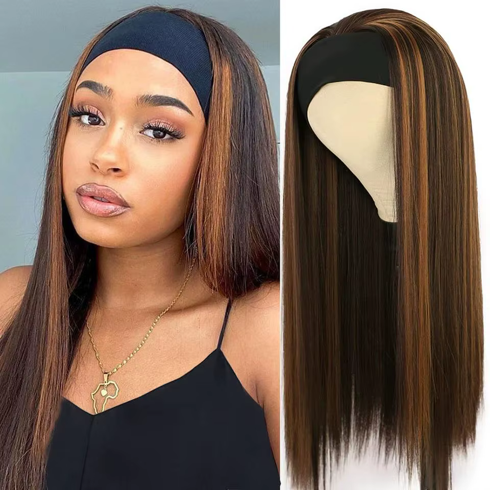 Perruque bandeau longue et lisse de 26 pouces pour femmes, cheveux synthétiques charmants sans colle