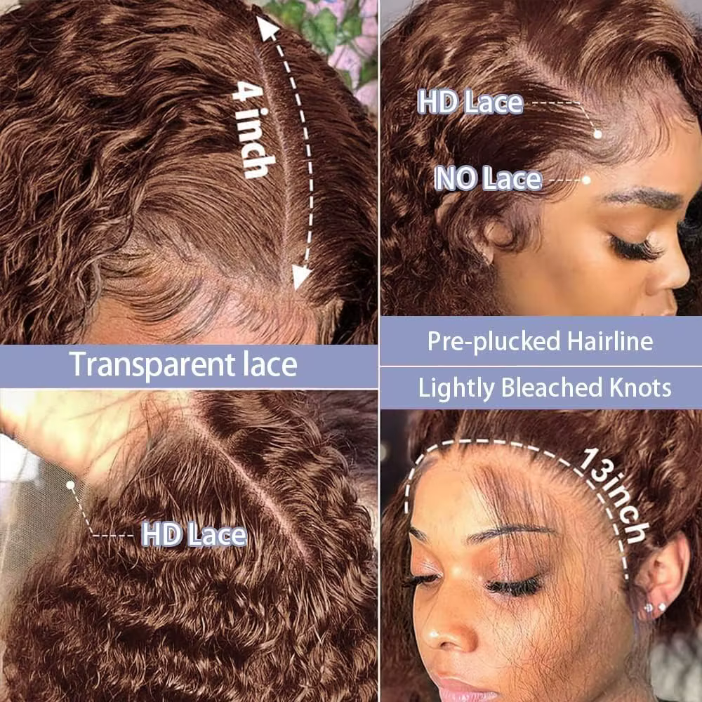 Perruque Lace Front Wig naturelle bouclée, cheveux humains, brun chocolat, densité 200%, Deep Wave, 