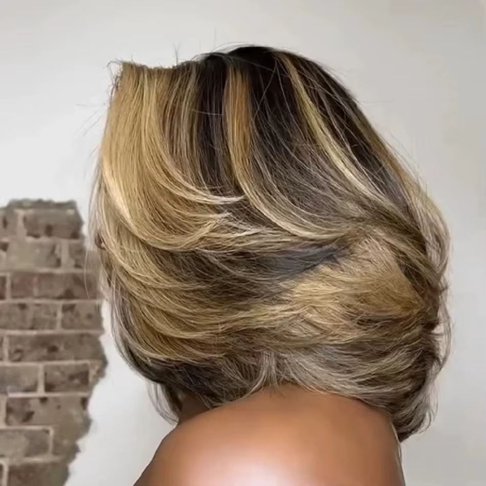 Perruque Bob Courte Ombrée Noire et Blonde, Effet Vague d'Eau, Cheveux Humains Sans Colle, Perruque 