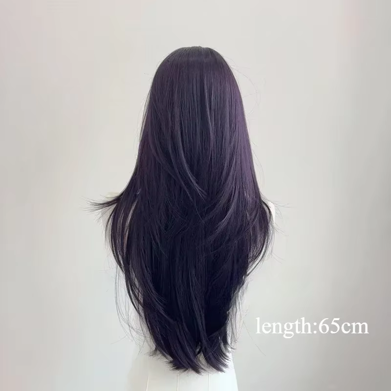 Ashely Perruque violet foncé femme 22 pouces cheveux longs rideau frange couches Nature cheveux raid