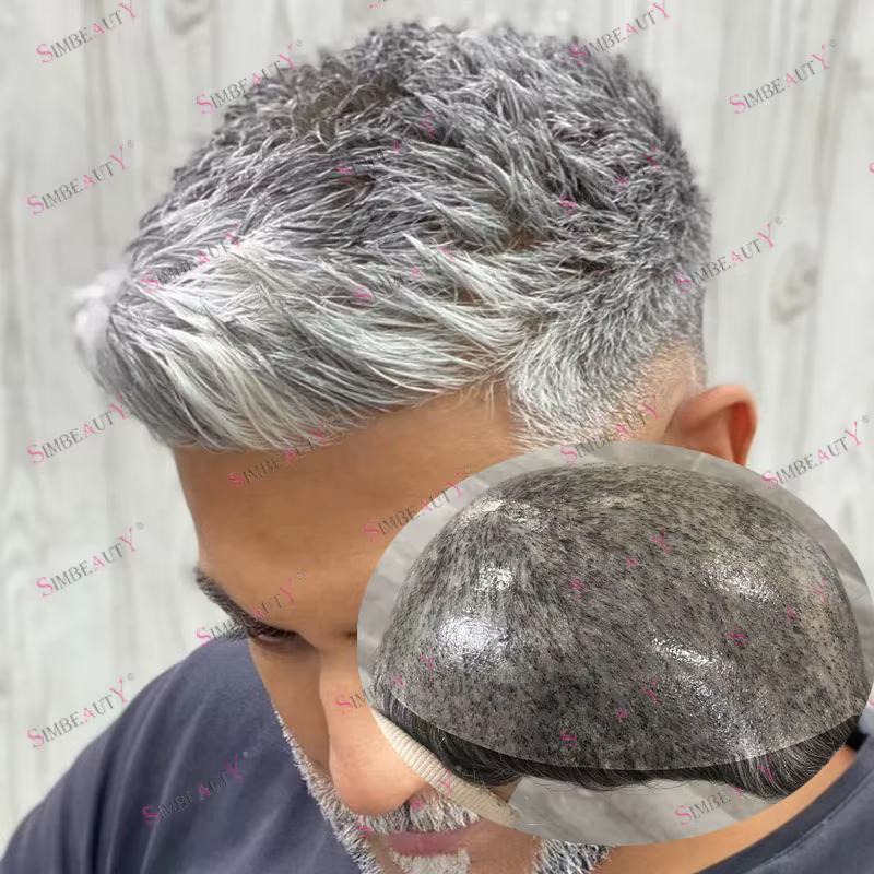 Prothèse capillaire naturelle en cheveux humains gris 1B80 pour homme, perruque de remplacement, pos