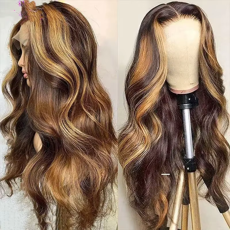 Nouvelle perruque en cheveux humains, Lace Front, blond miel 4/27, ondulée, pour femmes, perruque br