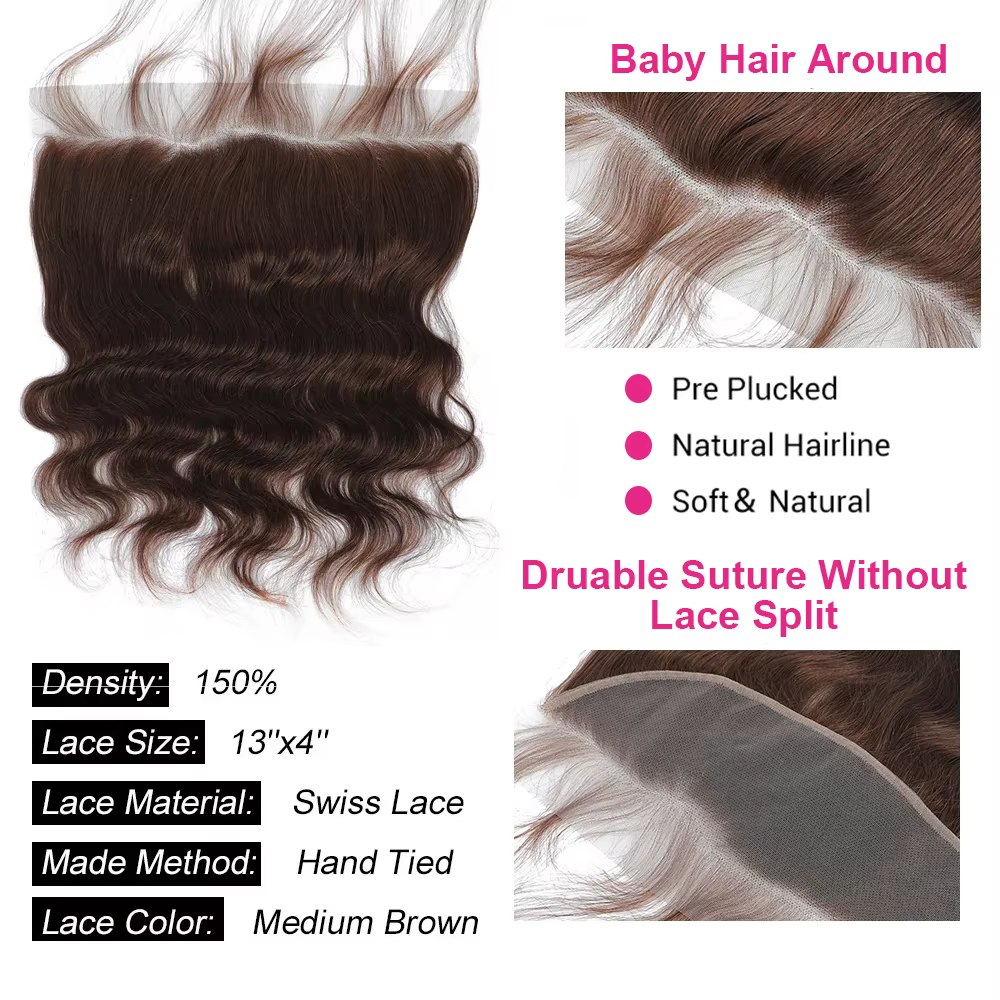 Tissage en Lot Naturel Body Wave Brun Foncé avec Closure, Extensions de Cheveux, 13x4, #4