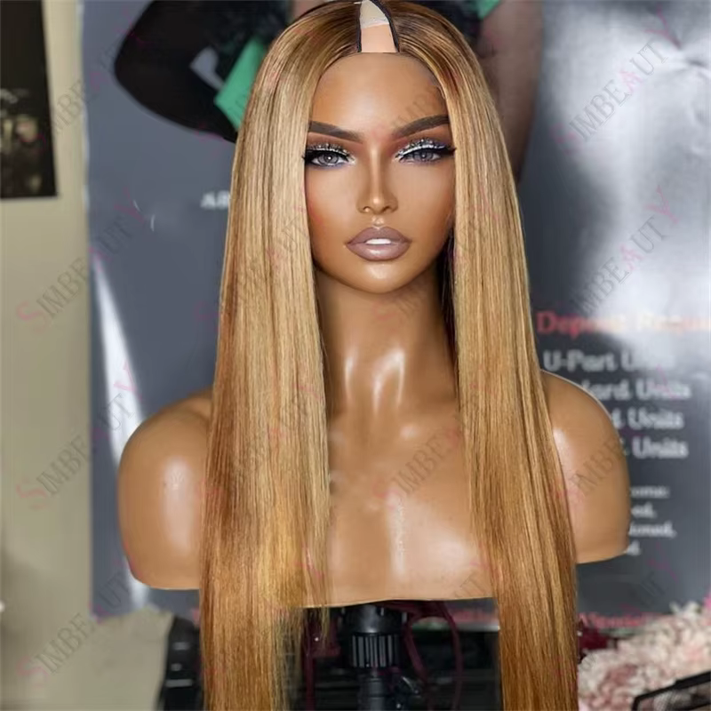 Perruque V-Part 1x4 Lisse Ondulée avec Mèches Blond Miel, Cheveux Humains 100% Non Traités, Sans Col