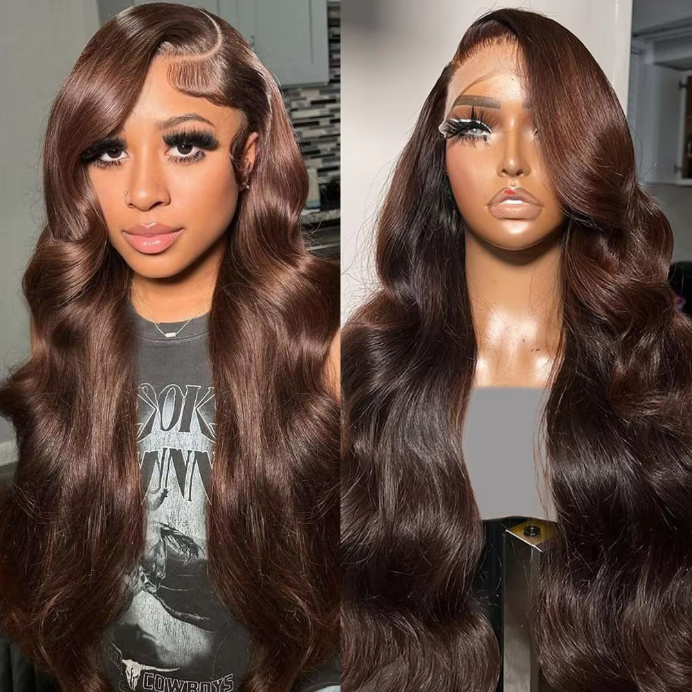 Perruques Lace Frontal Body Wave Marron Remy Pré-Pluckées Couleur Chocolat 13x6 HD Lace Front Cheveu