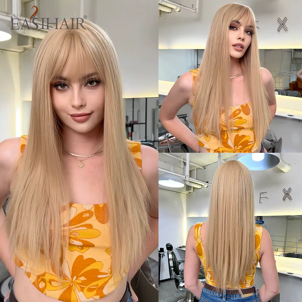 EASIHAIR – perruques synthétiques longues et lisses avec frange, perruques noires de fête Cosplay Lo