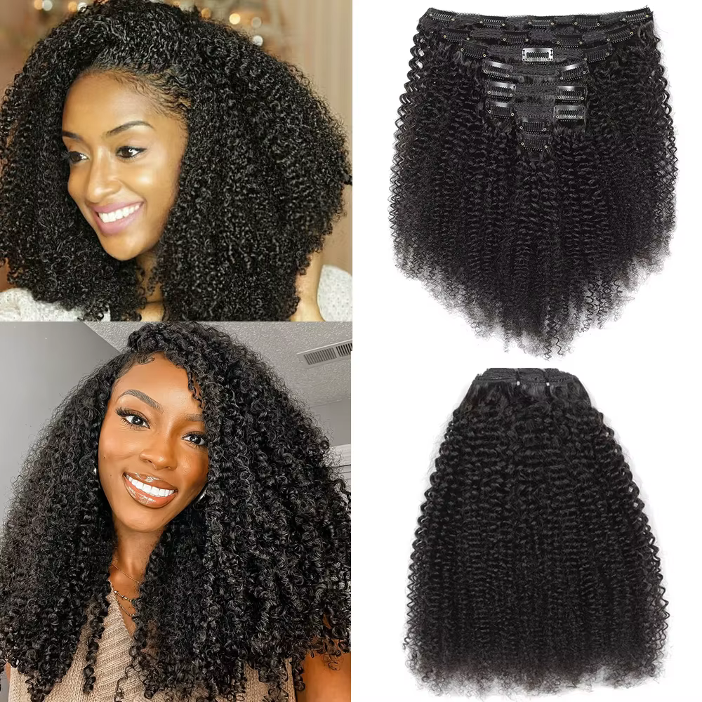 Extensions de cheveux humains bouclés crépus 4C à clipser, pour une tête entière, pour femmes, exten