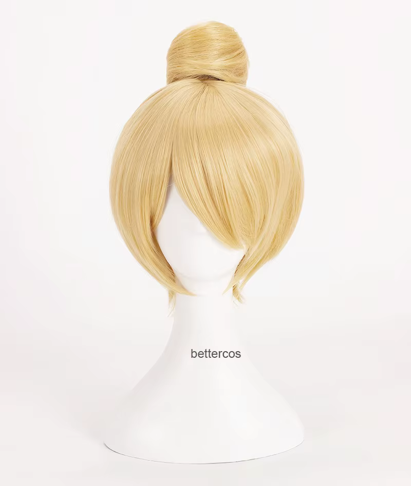 Perruques de Cosplay princesse fée clochette, cheveux blonds courts avec chignon, perruque synthétiq