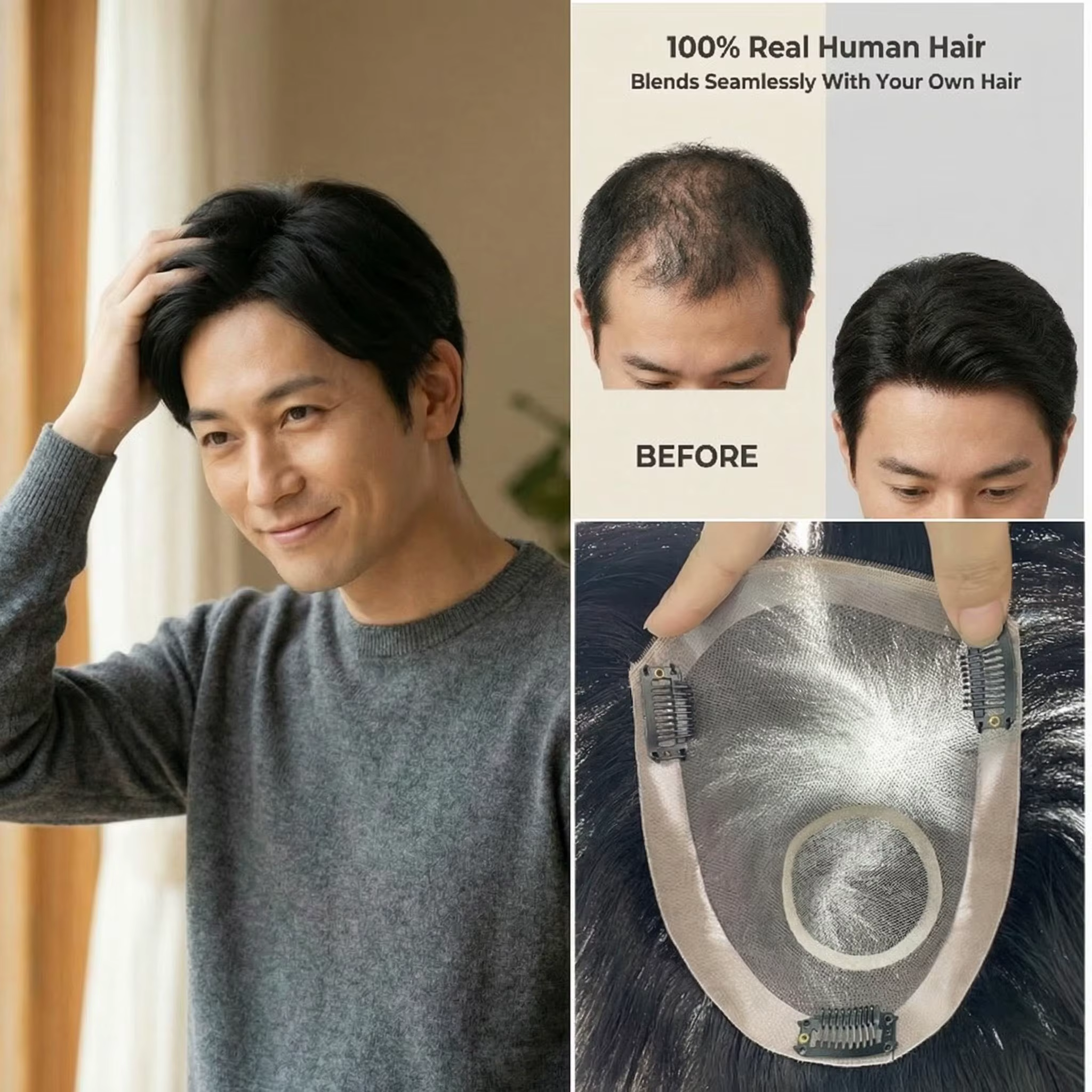 Prothèse capillaire pour homme 100% cheveux humains, base mono, longueur 6 pouces, contour en PU, in