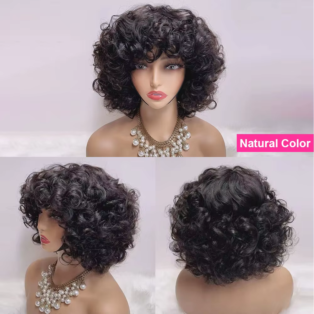 300% haute densité oeuf Curl coupe lutin perruque cheveux humains avec frange vague d'eau courte Bob