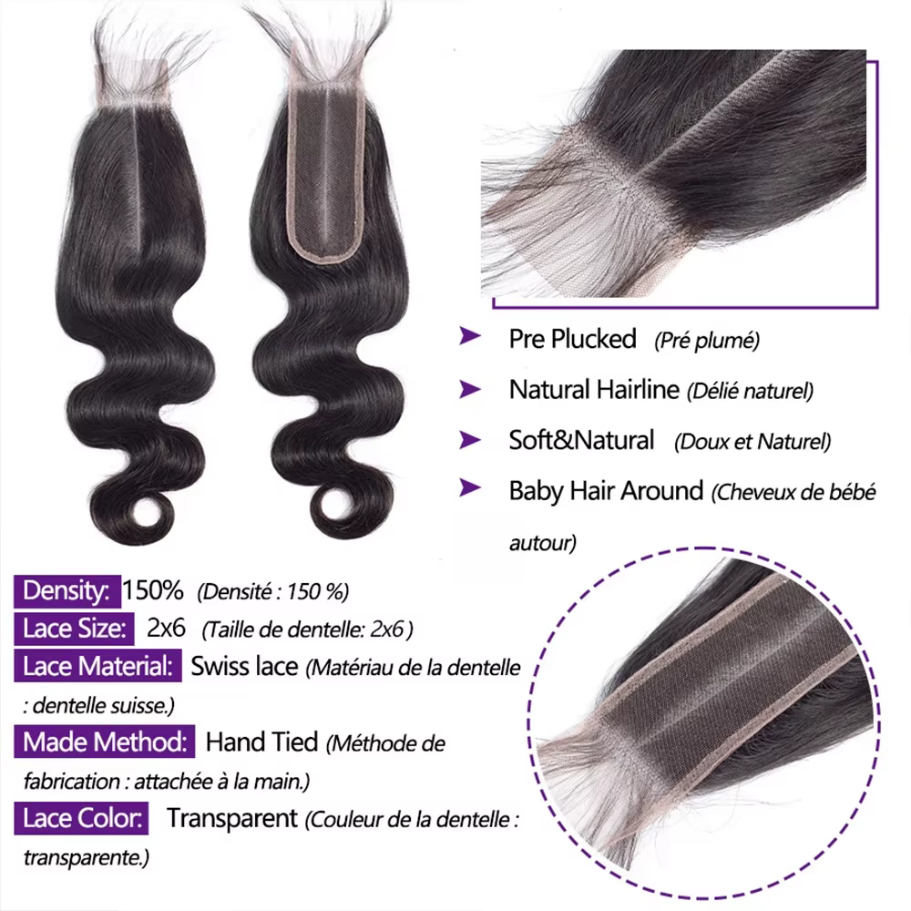 Extensions de cheveux humains 100% Remy avec closure en dentelle 4x4 5x5, mèches de cheveux humains