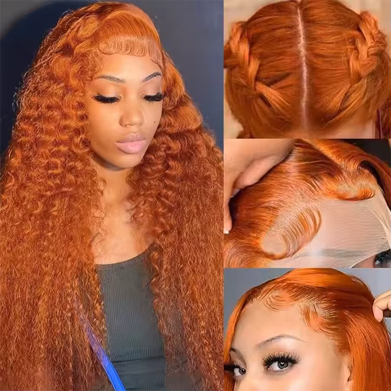 Perruque frontale bouclée Deep Wave de 36 pouces, couleur gingembre-orange, transparente 13x6 HD, en