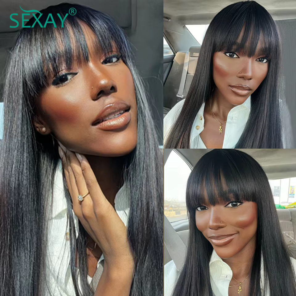 Faux cuir chevelu Bang perruques perruque de cheveux humains péruvien soyeux cheveux raides Sexay 32