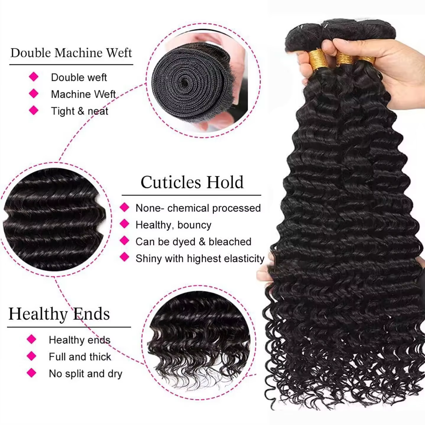 Extensions de cheveux humains avec fermeture, vague profonde birmane, cheveux vierges, 3 à 4 extensi