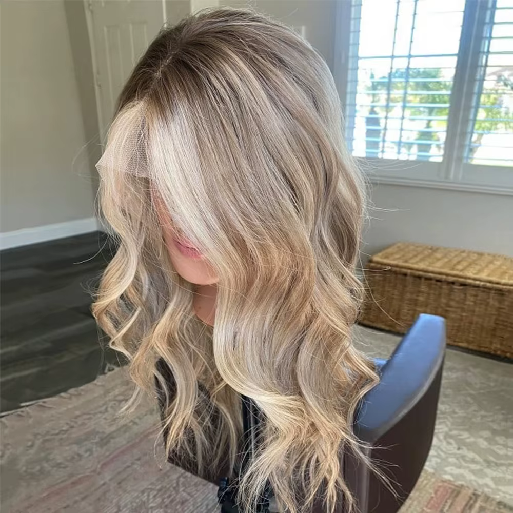 Perruque en cheveux humains avec mèches blond cendré et brun, perruque frontale en dentelle 13x4, ch