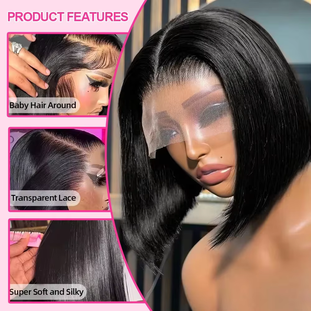 Perruque courte bob 13x6 sans colle, densité 250%, lisse comme un bâton, avec dentelle frontale HD, 
