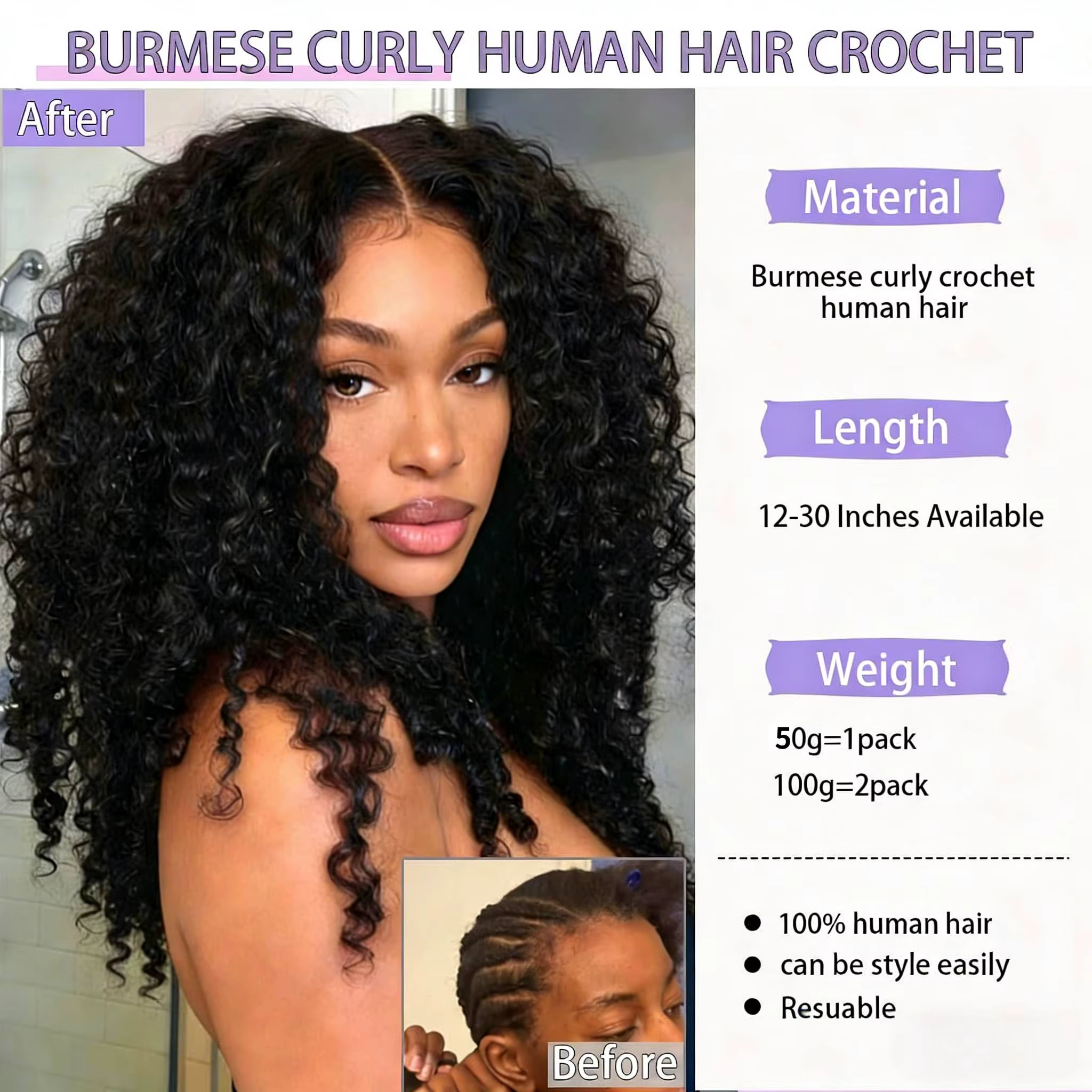 Extensions de cheveux humains bouclés bouddhistes 100 % naturels pour tresses au crochet, style bohè