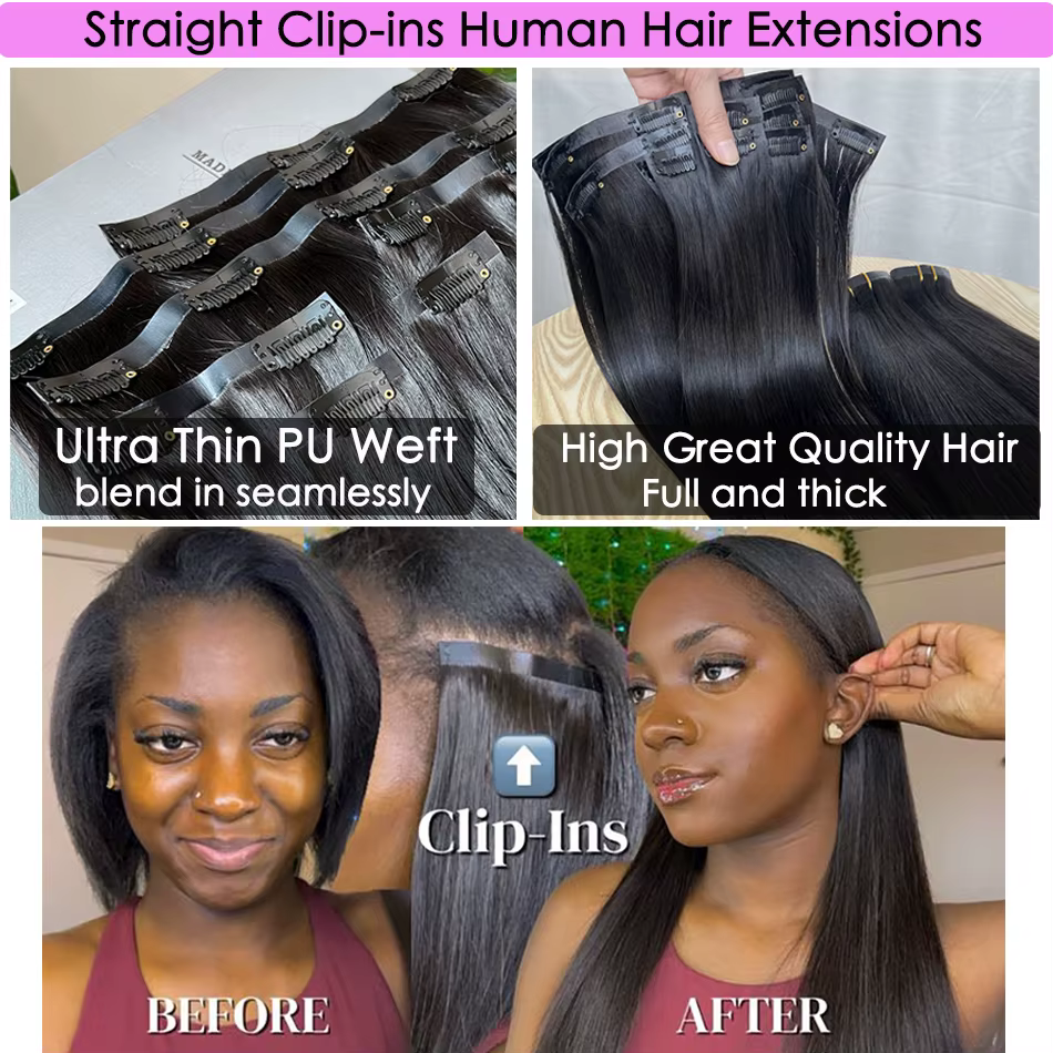 Clips sans couture 100g 7 pièces/ensemble cru non transformés # Extensions de cheveux humains de cou