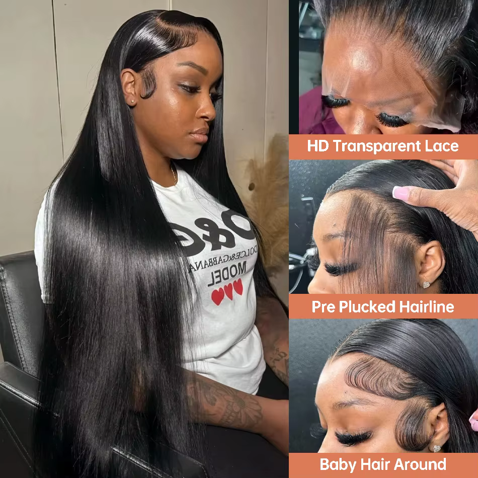 250 densité 13x4 13x6 Transparent os droit 30 40 pouces dentelle avant perruques de cheveux humains 