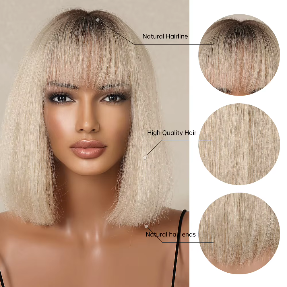 Bob Platinum Blonde Remy Human Hairs for Black Women, Natural Straight Short Wigs with Bangs, Heat D