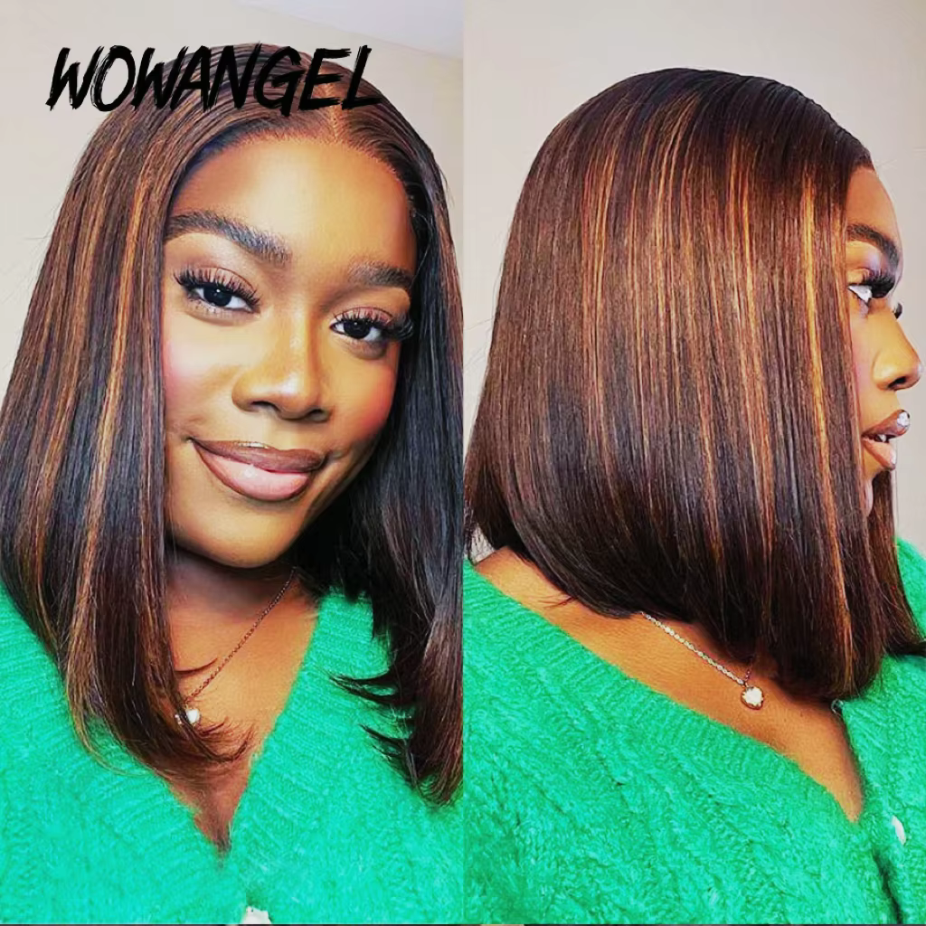 Wow Angel perruques Bob droites courtes 13x4 Lace Front perruques de cheveux humains 1B30 # Highligh