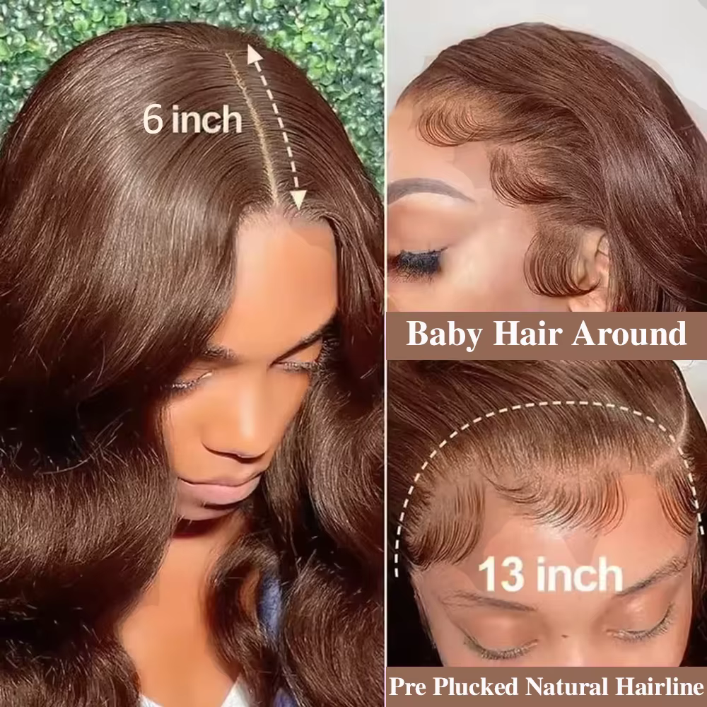 Vague de corps brun chocolat 13x6 HD dentelle avant perruques de cheveux humains 200 densité HD dent