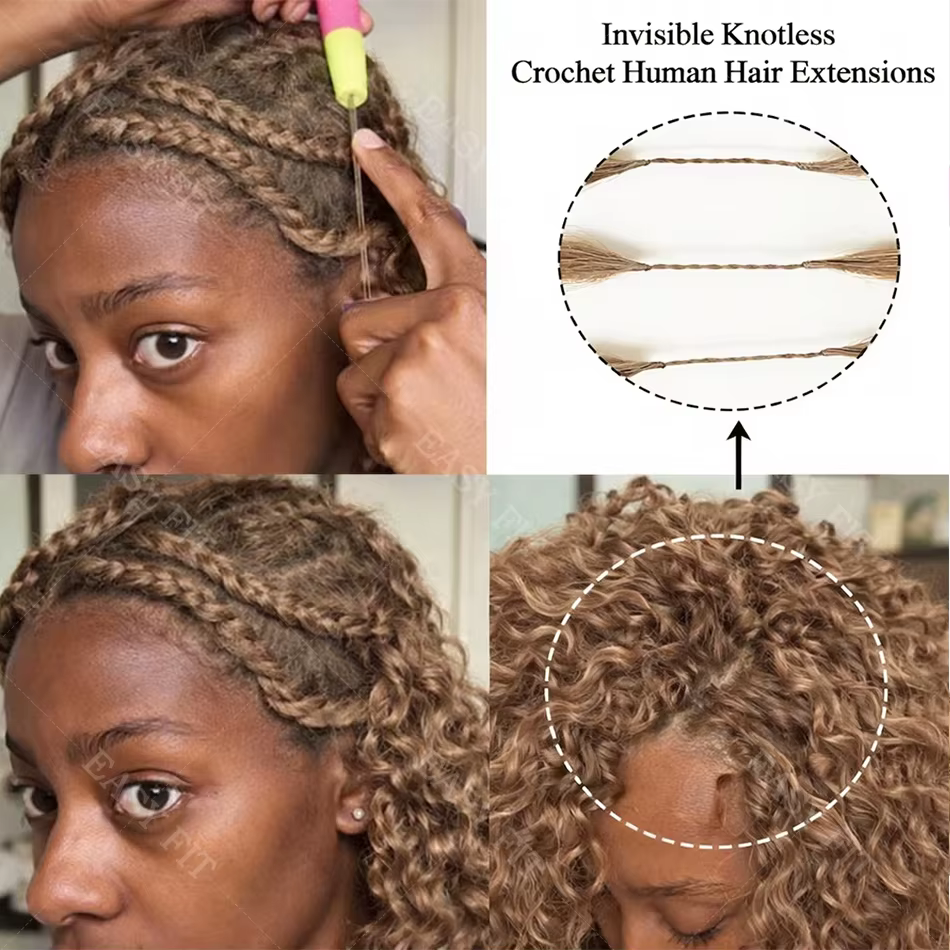 Extensions de cheveux humains pré-séparées au crochet, blond miel avec mèches, ondulations profondes