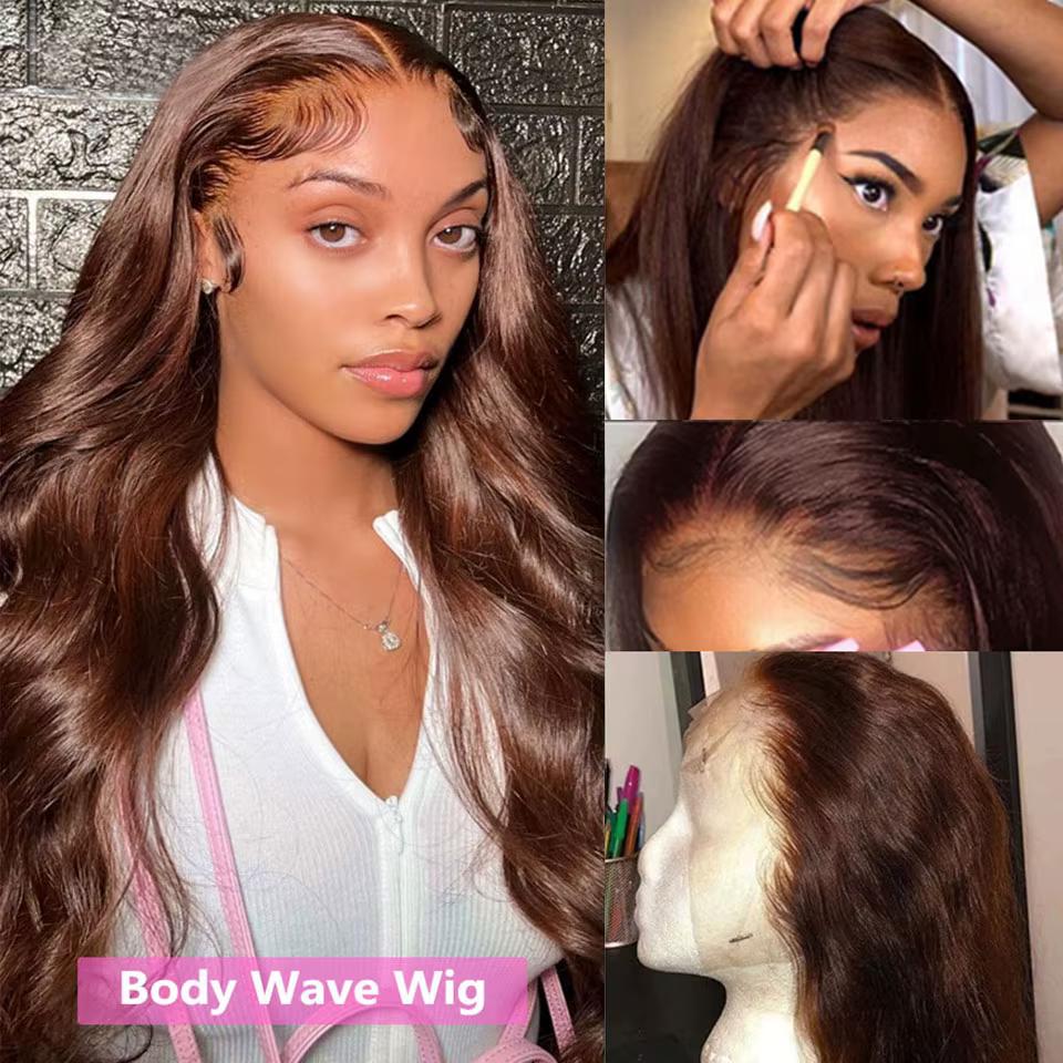 Perruque Lace Front Wig Body Wave brésilienne naturelle, cheveux naturels, brun chocolat, 13x4, pre-