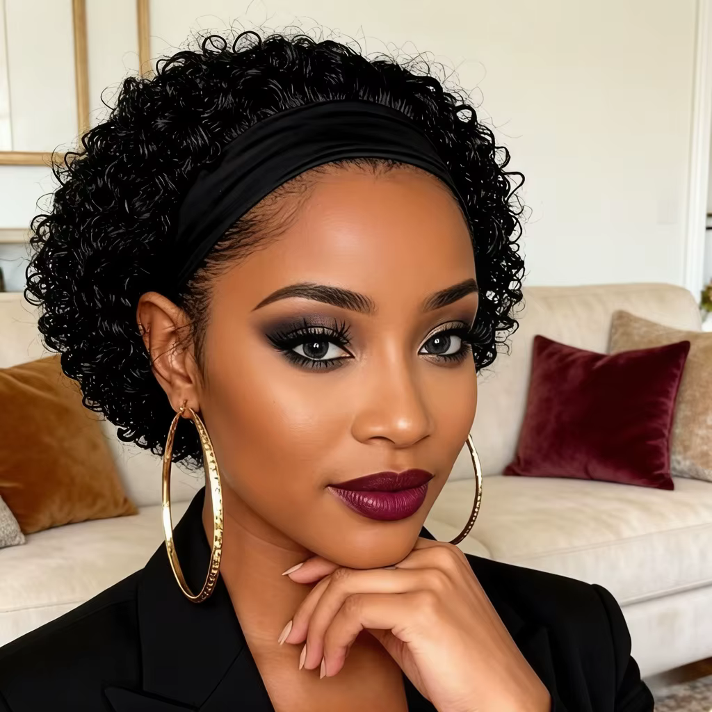 Perruque bandeau en cheveux naturels pour femme | Perruque courte afro ondulée avec bonnet en file