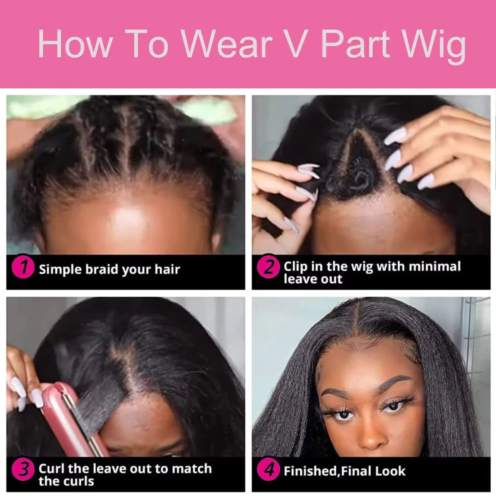 Perruques en cheveux humains lisses couleur naturelle sans colle en forme de V, cheveux Remy brésili
