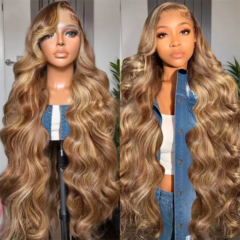 Perruque Lace Frontale en Cheveux Humains Ondulés avec Mèches, Densité 220, Couleur P427, 46 Pouces,