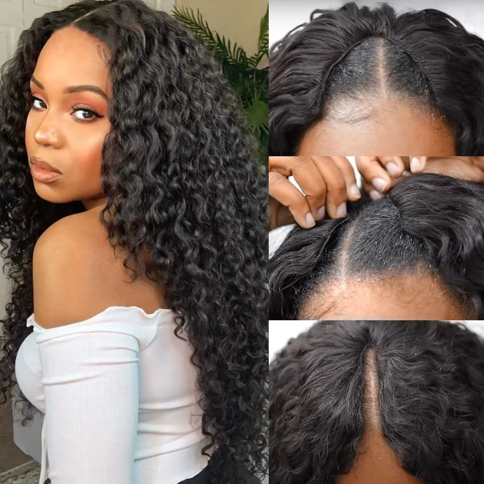 Perruque de cheveux humains bouclés profonds avec partie en V, sans laisser, perruques brésiliennes 