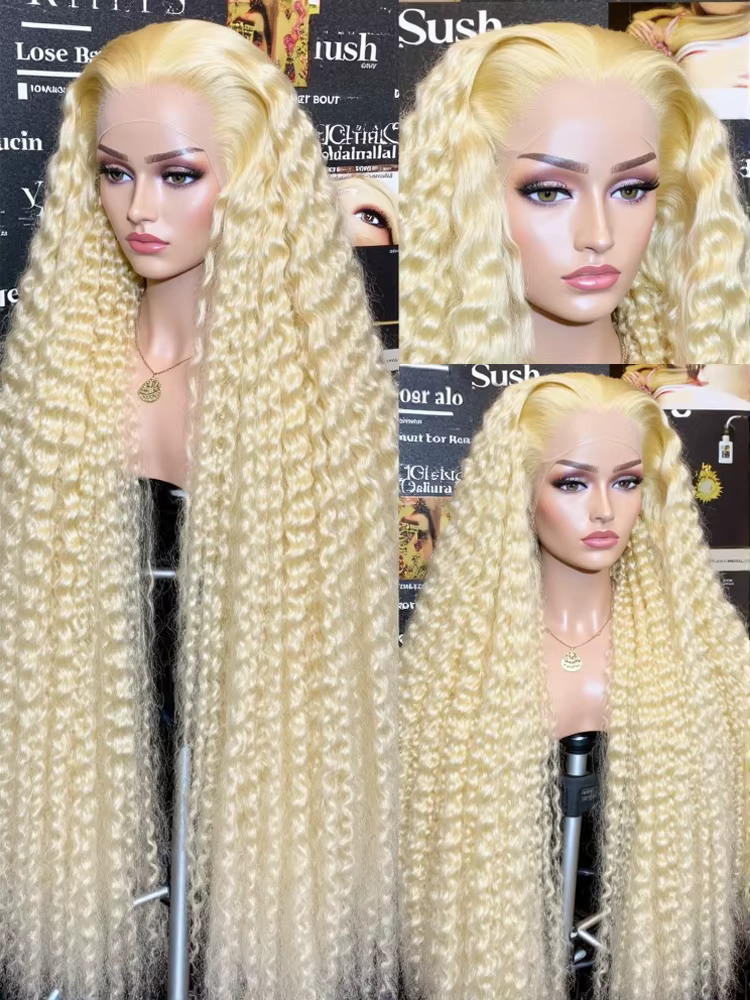Perruque Cheveux Humains Blondes 613 Jerry Curly 46 Pouces, Ondulées Colorées, Perruque Lace HD 13x6