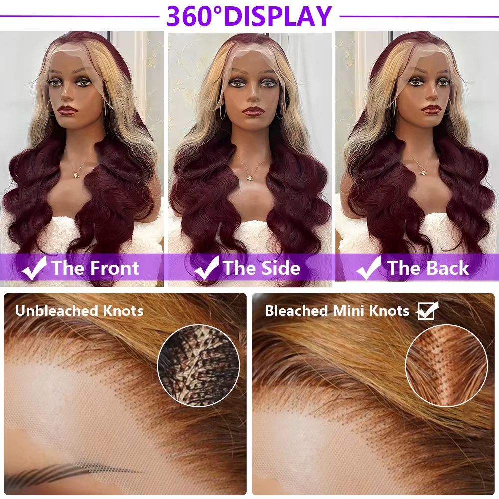 Perruques Lace Front 13x4 HD Transparentes Body Wave en Cheveux Humains Brésiliens, Couleur 99J/613 