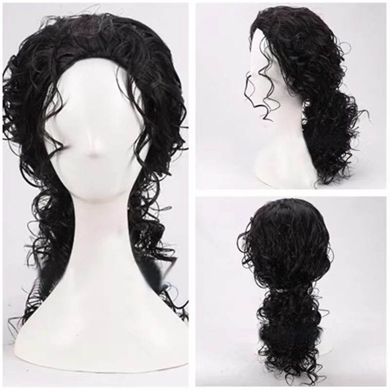 Perruque noire Michael Jackson 2026 pour cosplay, perruque mi-longue bouclée noire pour jeu de rôle