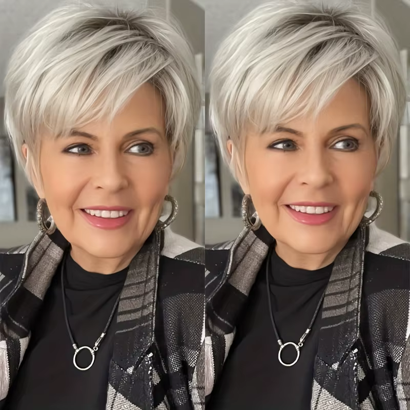 Perruque synthétique tendance pour femme - Bob court gris naturel, coupe droite dégradée, idéale pou
