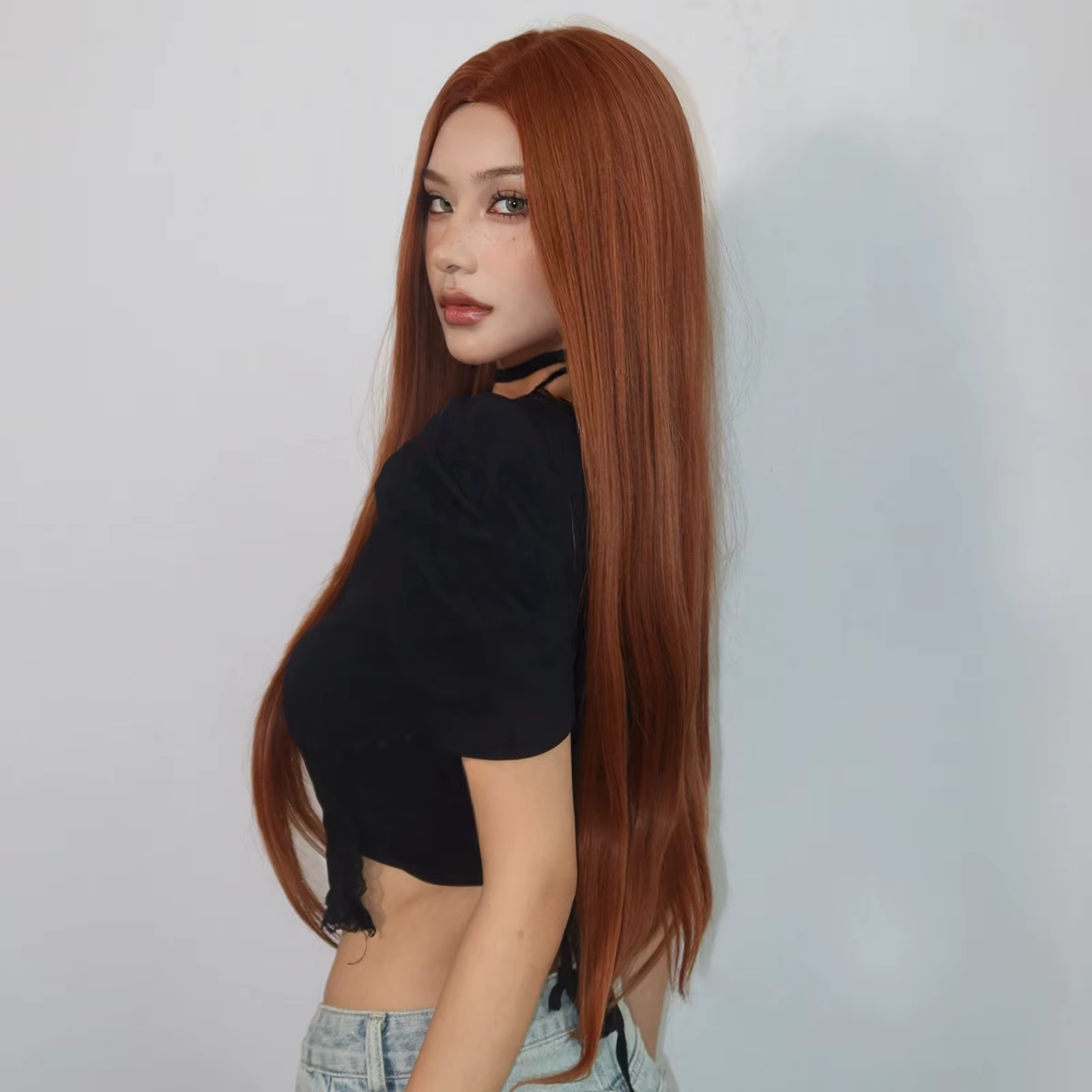 Perruque synthétique longue et lisse marron gingembre en cuivre pour femmes, perruque avec raie cent