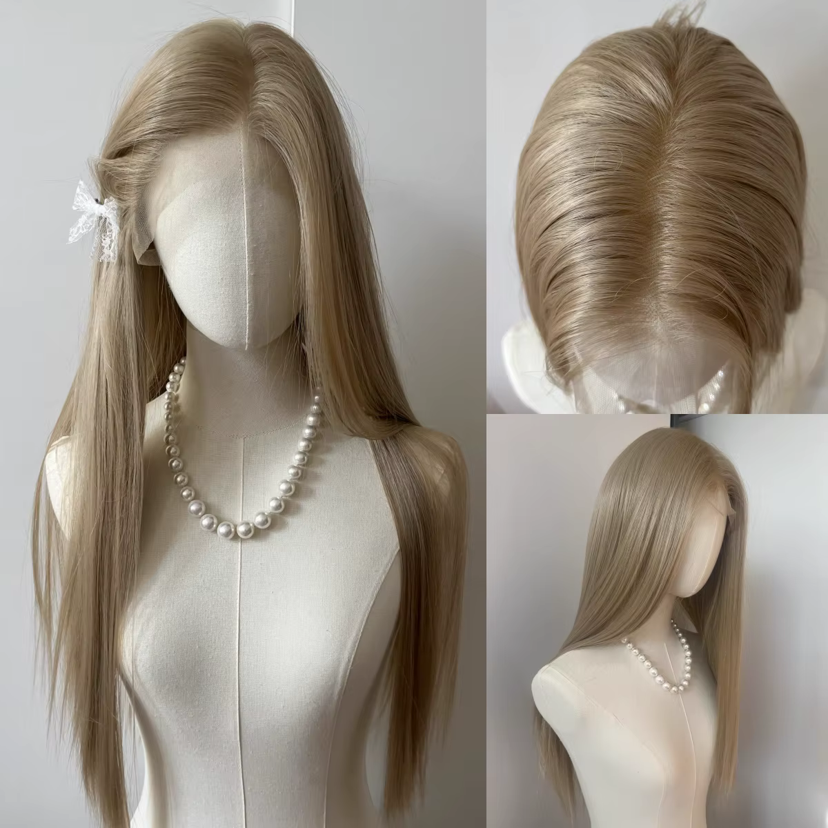 Perruque Lace Front Wig synthétique lisse et longue, blond platine, 26 pouces, 13x4, Fibers résistan